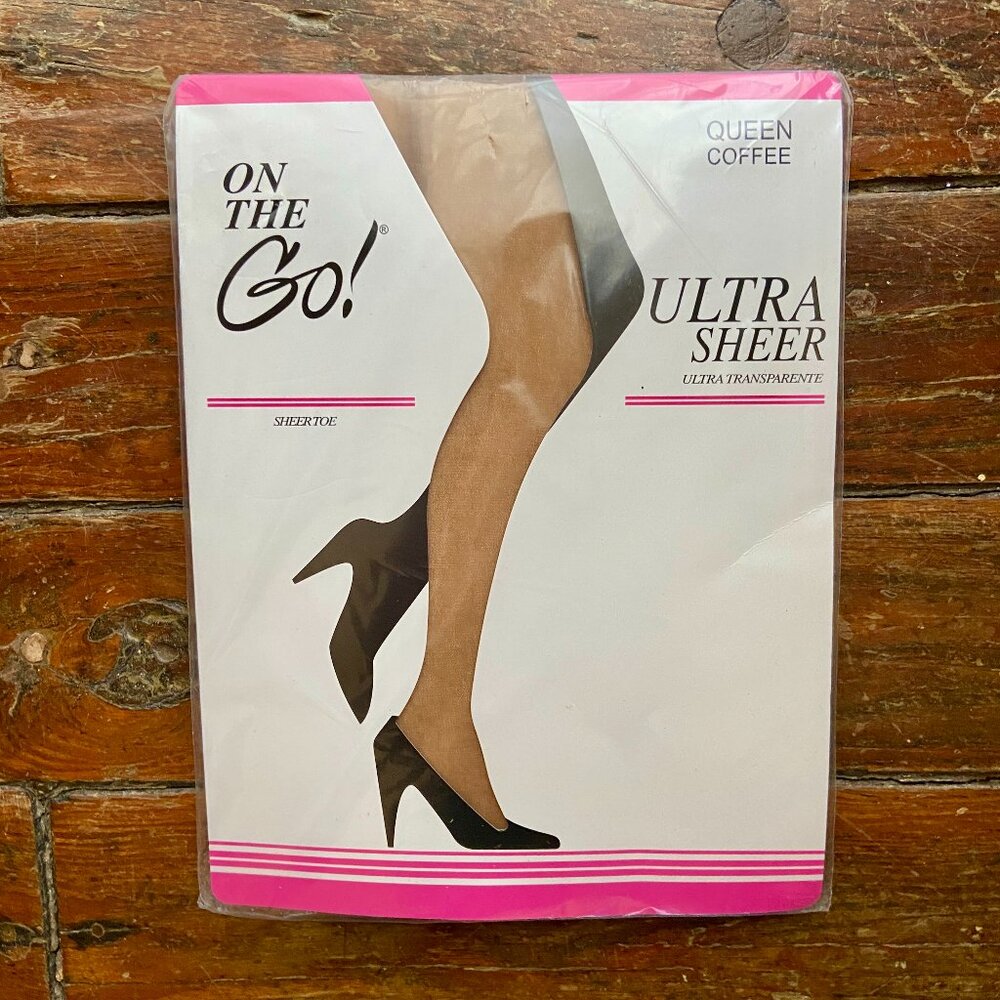 New ON THE GO Vintage Ultra Sheer Toe Pantyhose Queen XL Coffee NOS